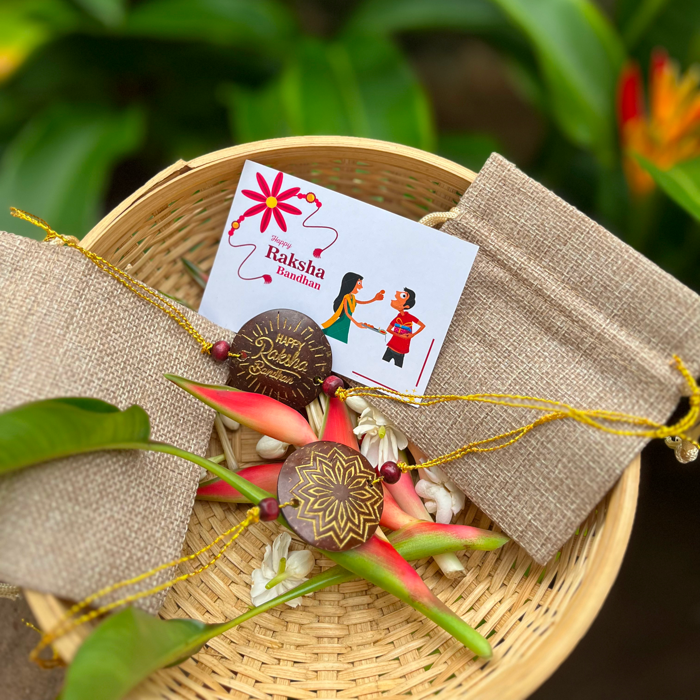 Thenga Eco-Friendly Coconut Shell Rakhis for Brothers (Includes 3 Rakhis, Jute Potli & Raksha Bandhan Card) - Set of 3