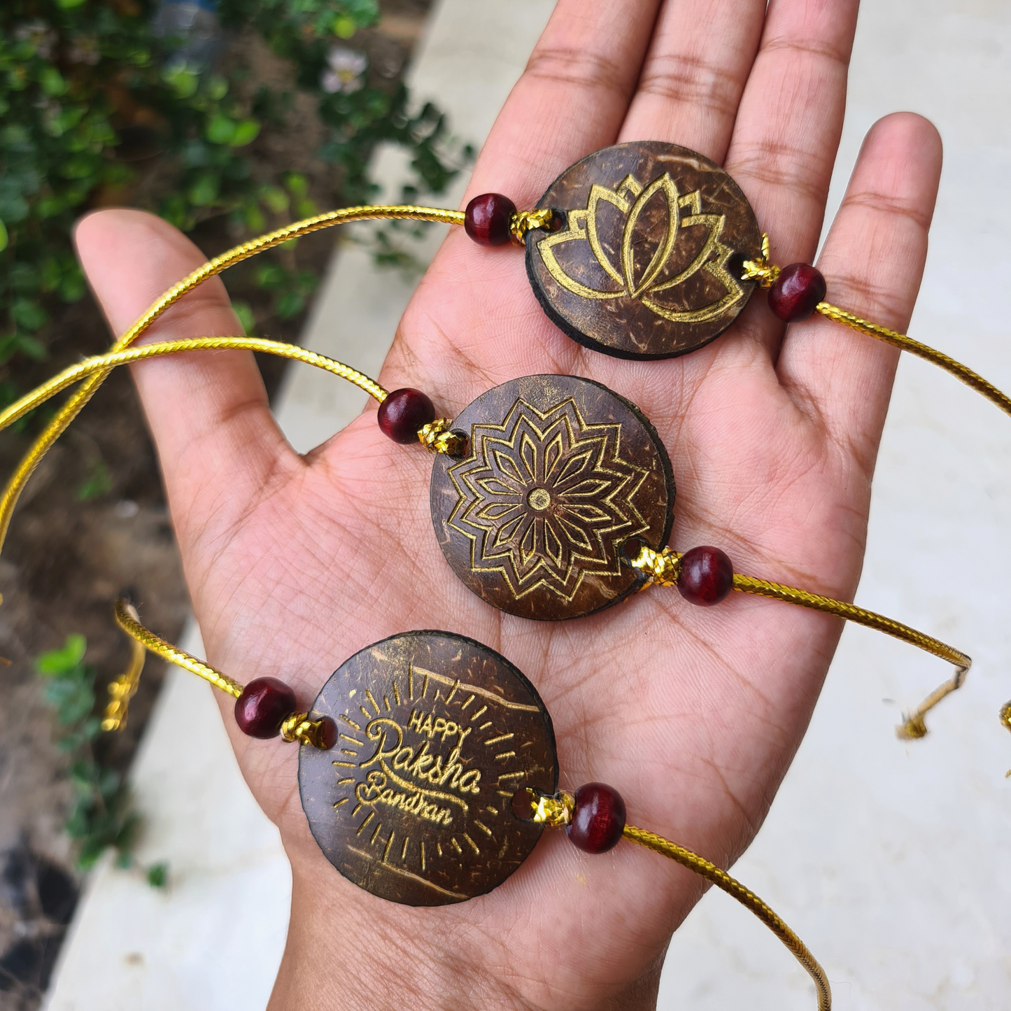 Thenga Eco-Friendly Coconut Shell Rakhis for Brothers (Includes 3 Rakhis, Jute Potli & Raksha Bandhan Card) - Set of 3