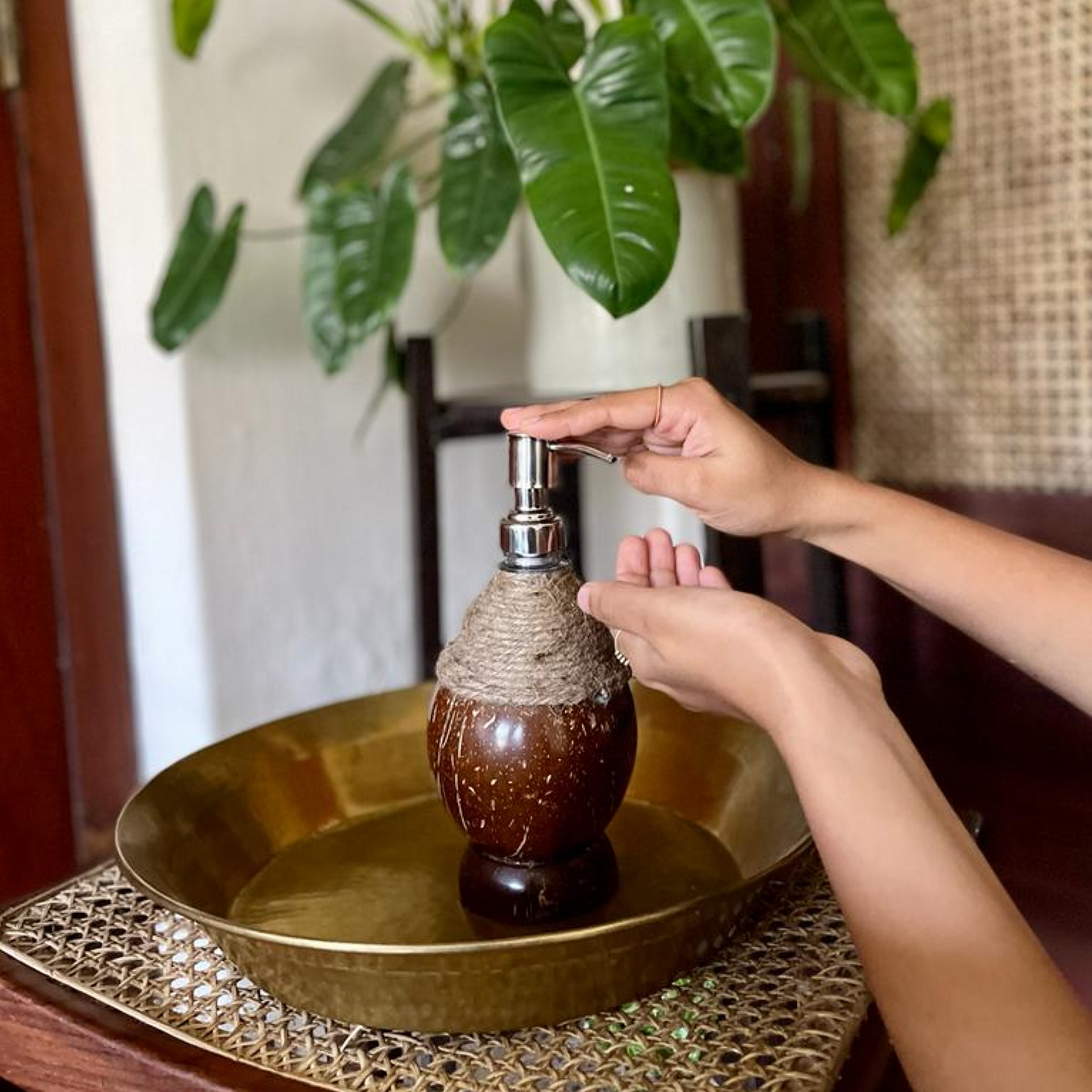 Thenga Soap Dispenser with Metal Pump & Coir Rope Detail